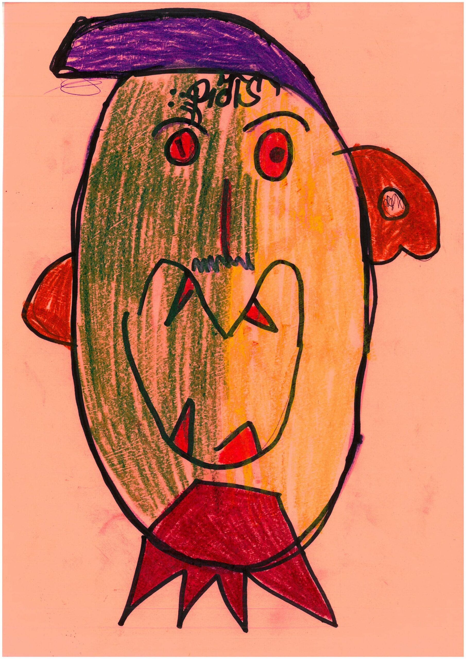 Portret, na którym widać twarz z rozdziawioną buzią. Czerwone oczy, zęby, uszy i bródka kontrastują z zielenią twarzy i kolorową fryzurą