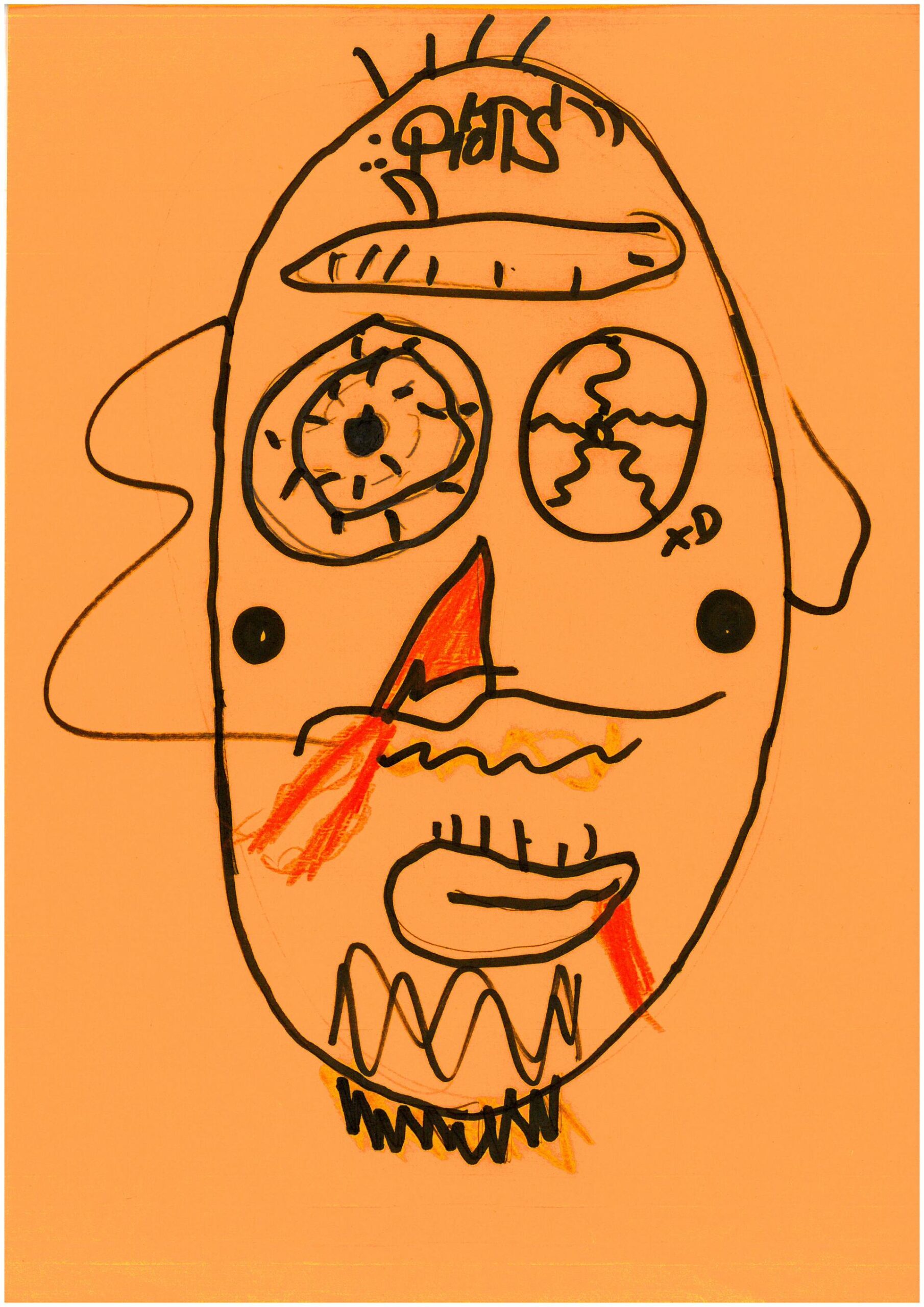Portret, na którym widać twarz z przekrwionymi oczami, tatuaż na czole i smugi krwi