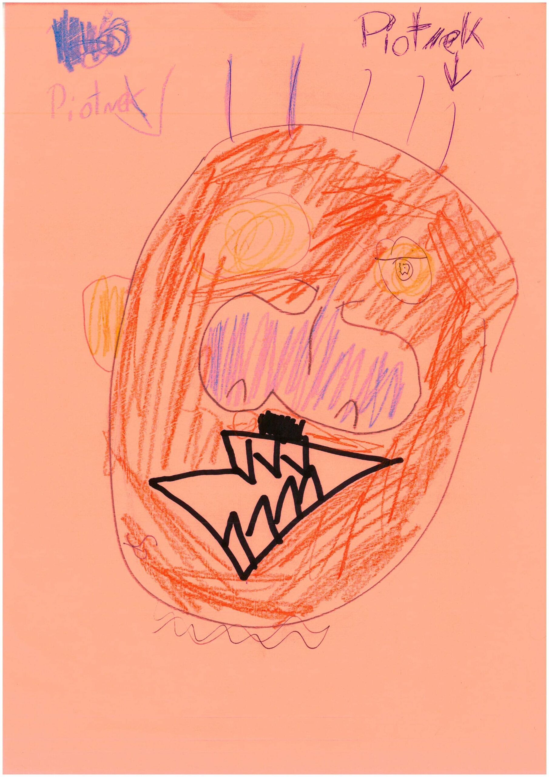 Portret przedstawiający twarz wykrzywioną grymasem. Ma czerwony kolor poza dużym fioletowym nosem
